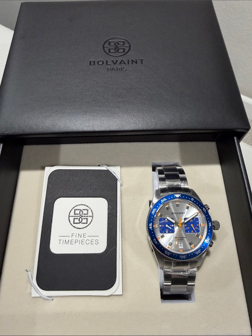Bolvaint Paris Men's Chronograph Watch NWT Silver Blue